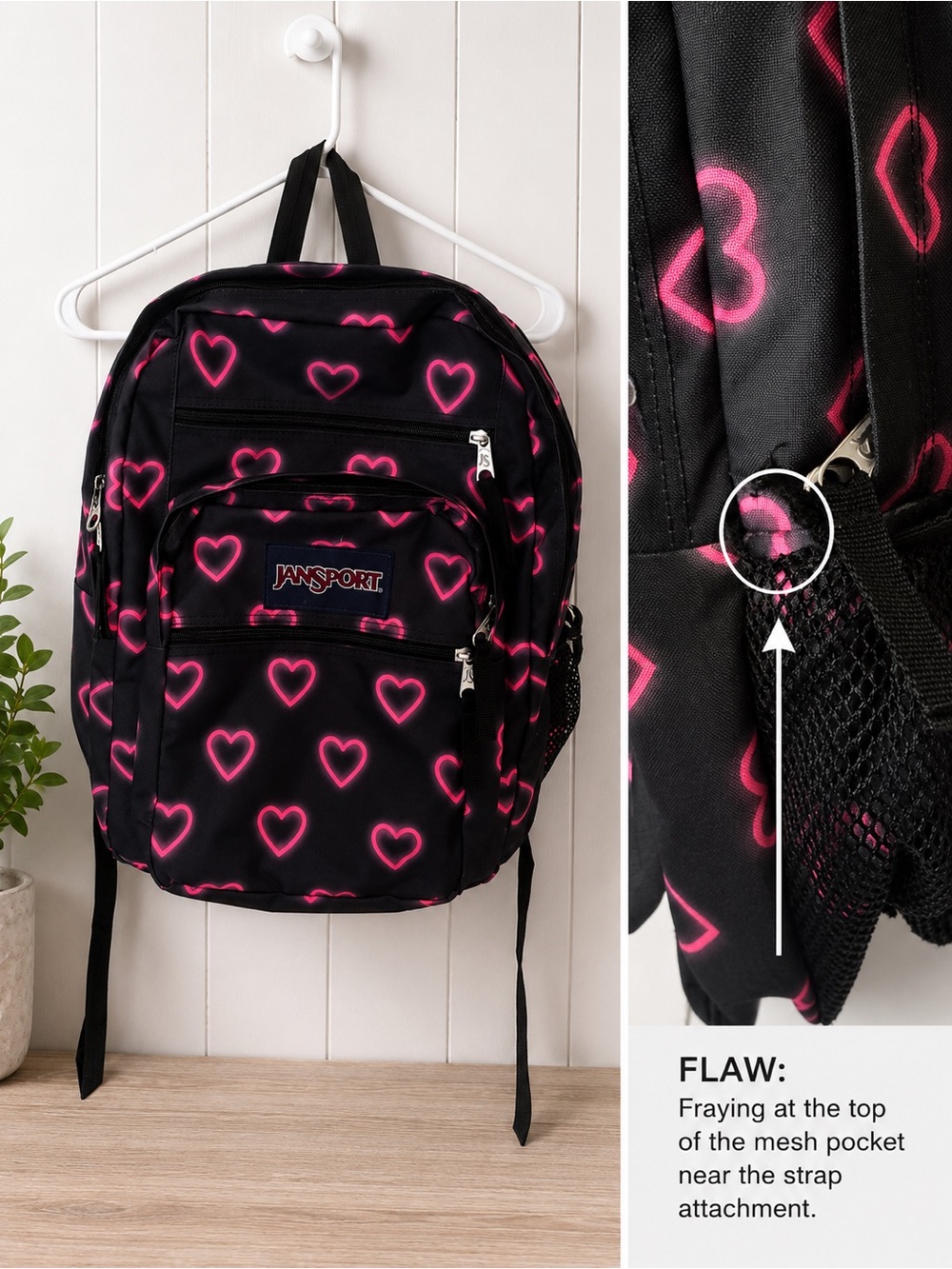 Jansport Black Backpack with Pink Heart Print